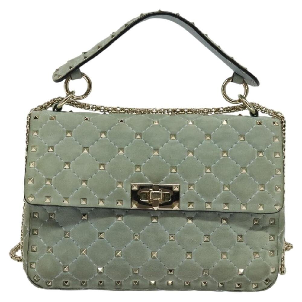 Valentino Suede Studs Chain Shoulder Bag Light Blue